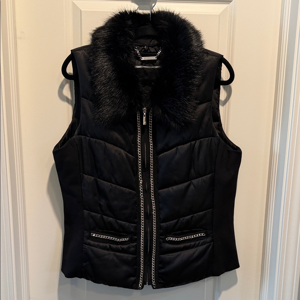 White House Black Market Black Vest with Faux Fur Collar
